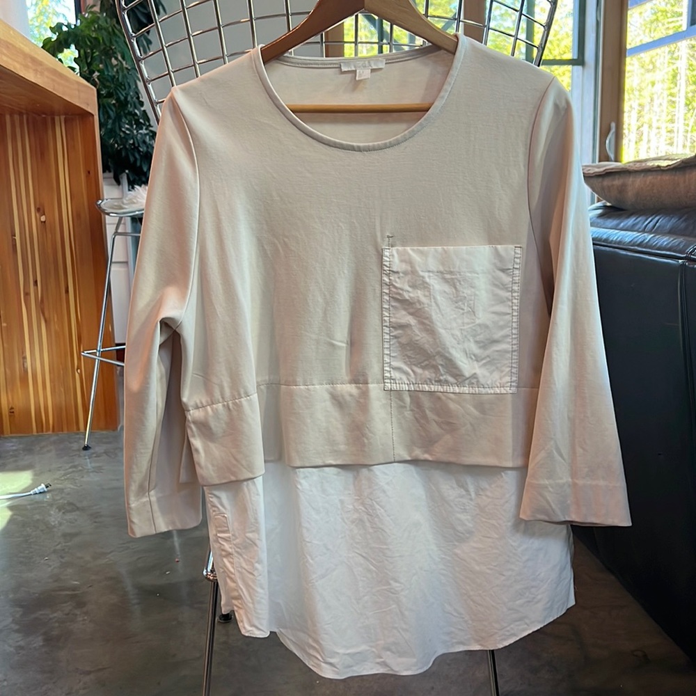 COS - mixed media shirt, crop top with dress shirt bottom, with button up side